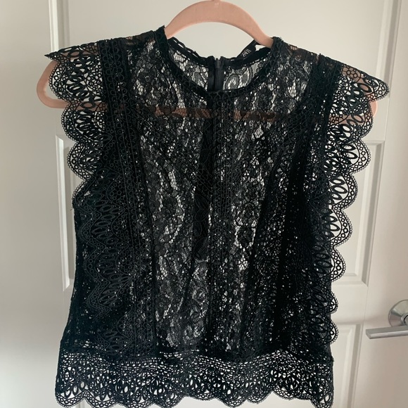 Zara black contrast lace ruffle semi sheer blouse - Picture 10 of 12